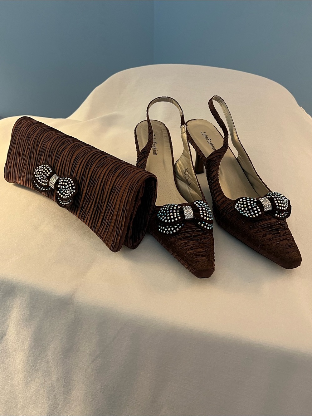 Brown Rhinestone Bow Slingback Heels with Matching Clutch Size 11